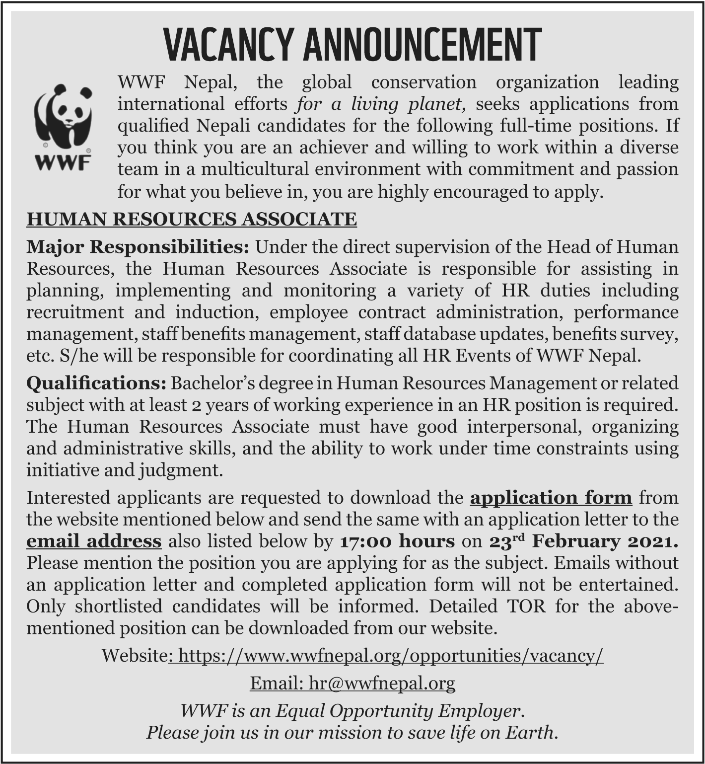 vacancy at wwf Nepal