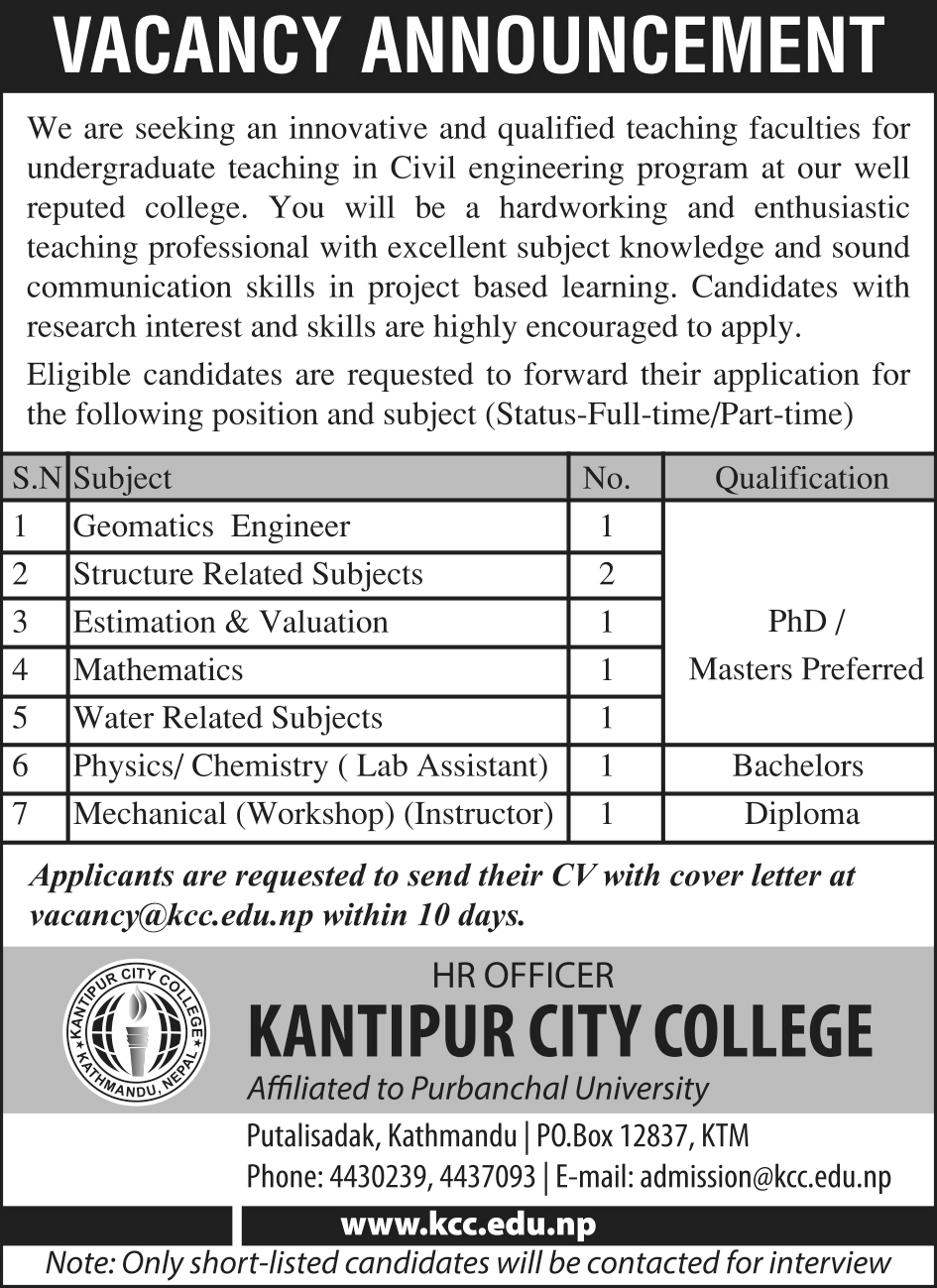 vacancy at Kantipur City College