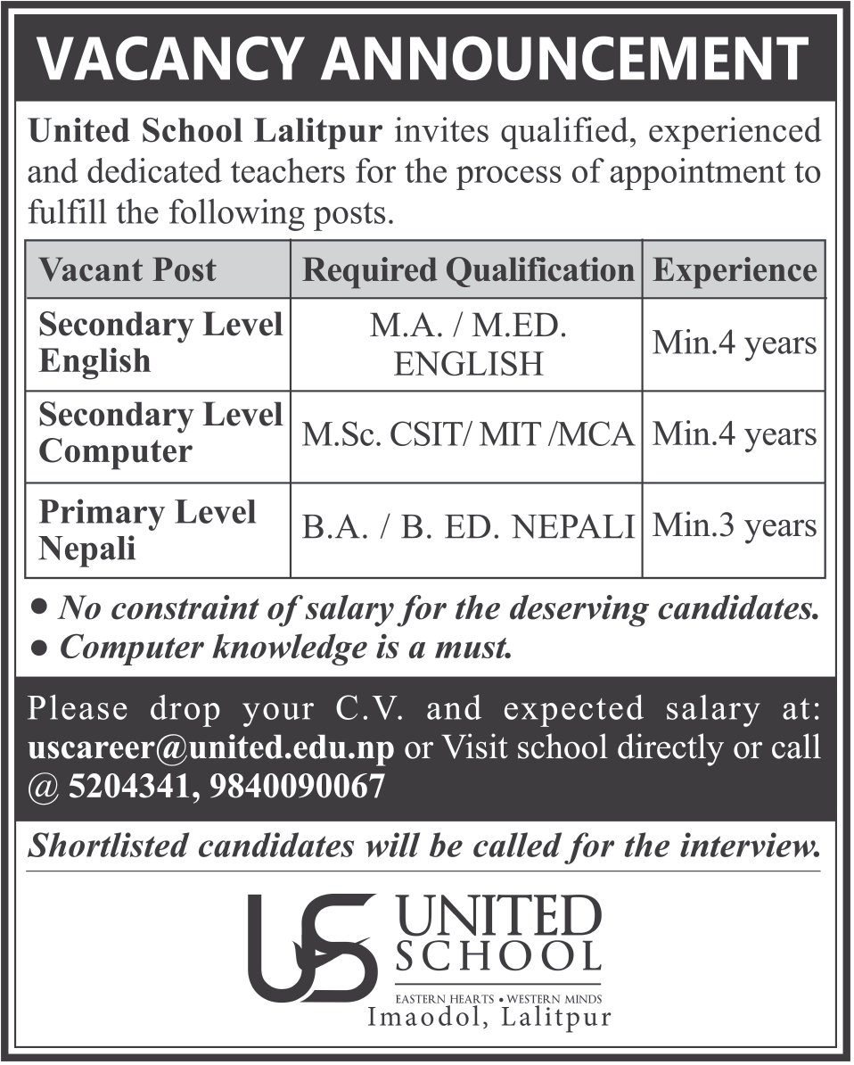 vacancy at united school lalitpur