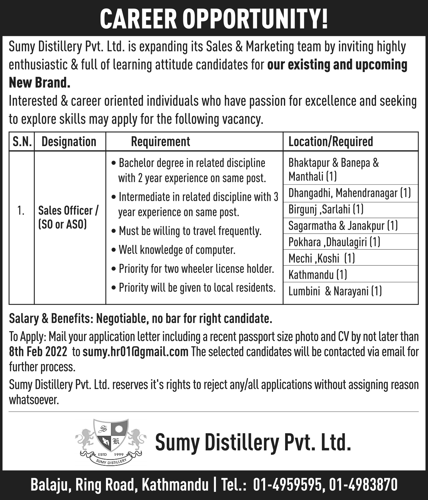 career opportunity at sumy distillery pvt ltd