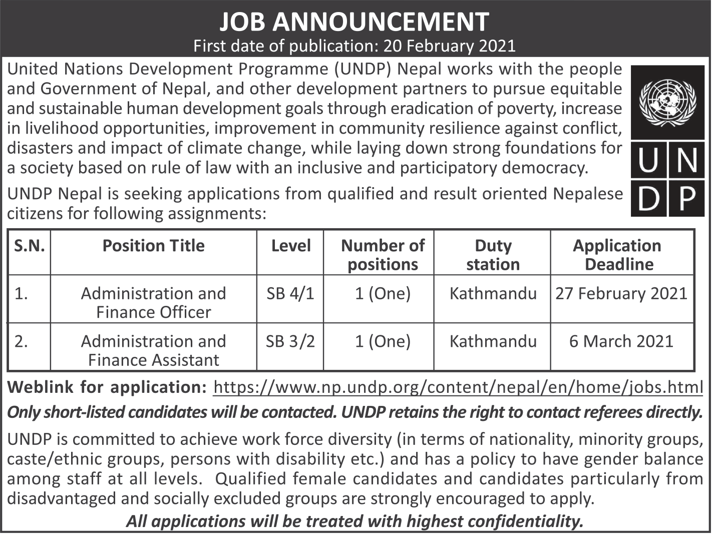 job announcement at UNDP