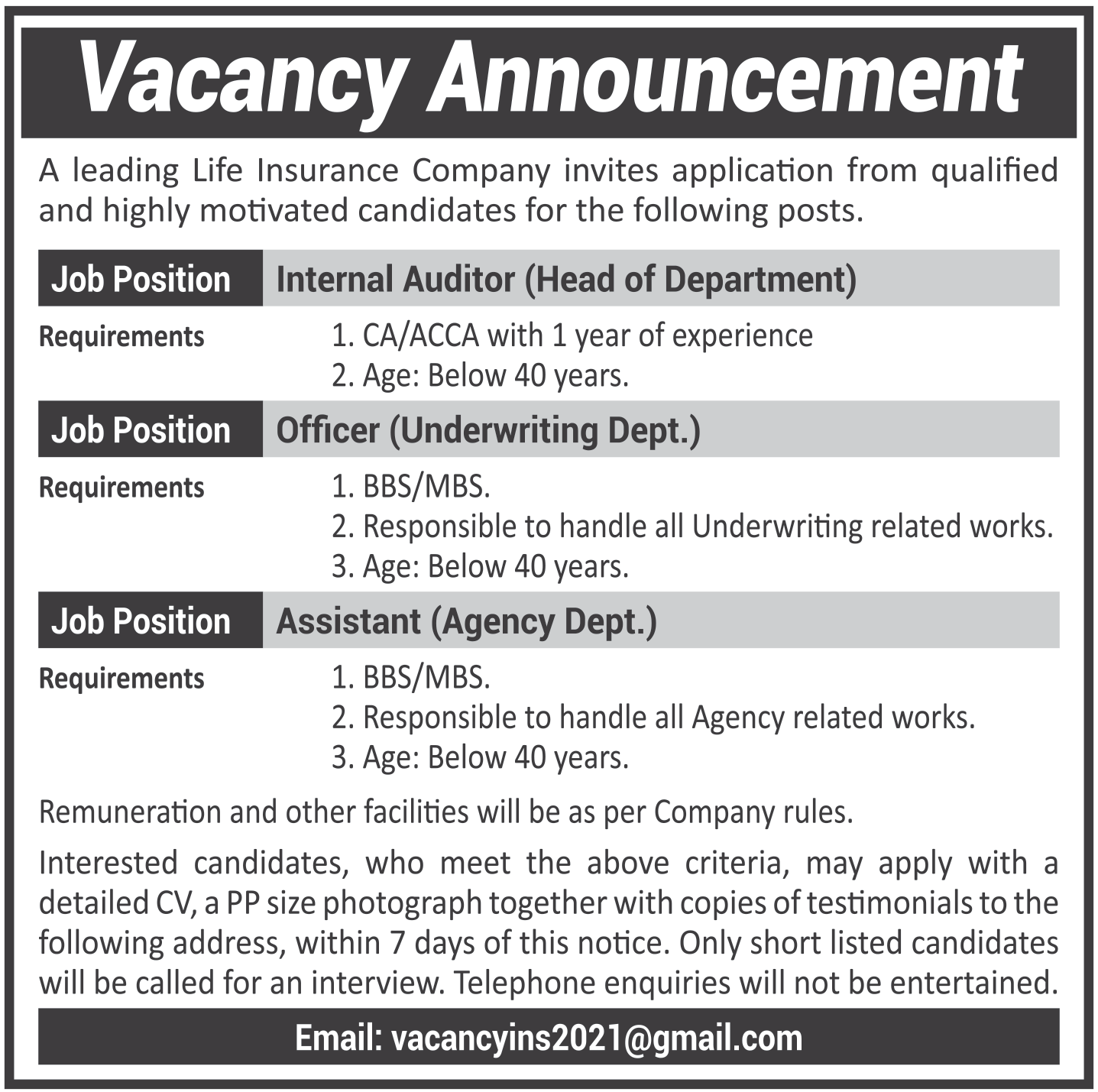 Vacancy at Life Insurance Company