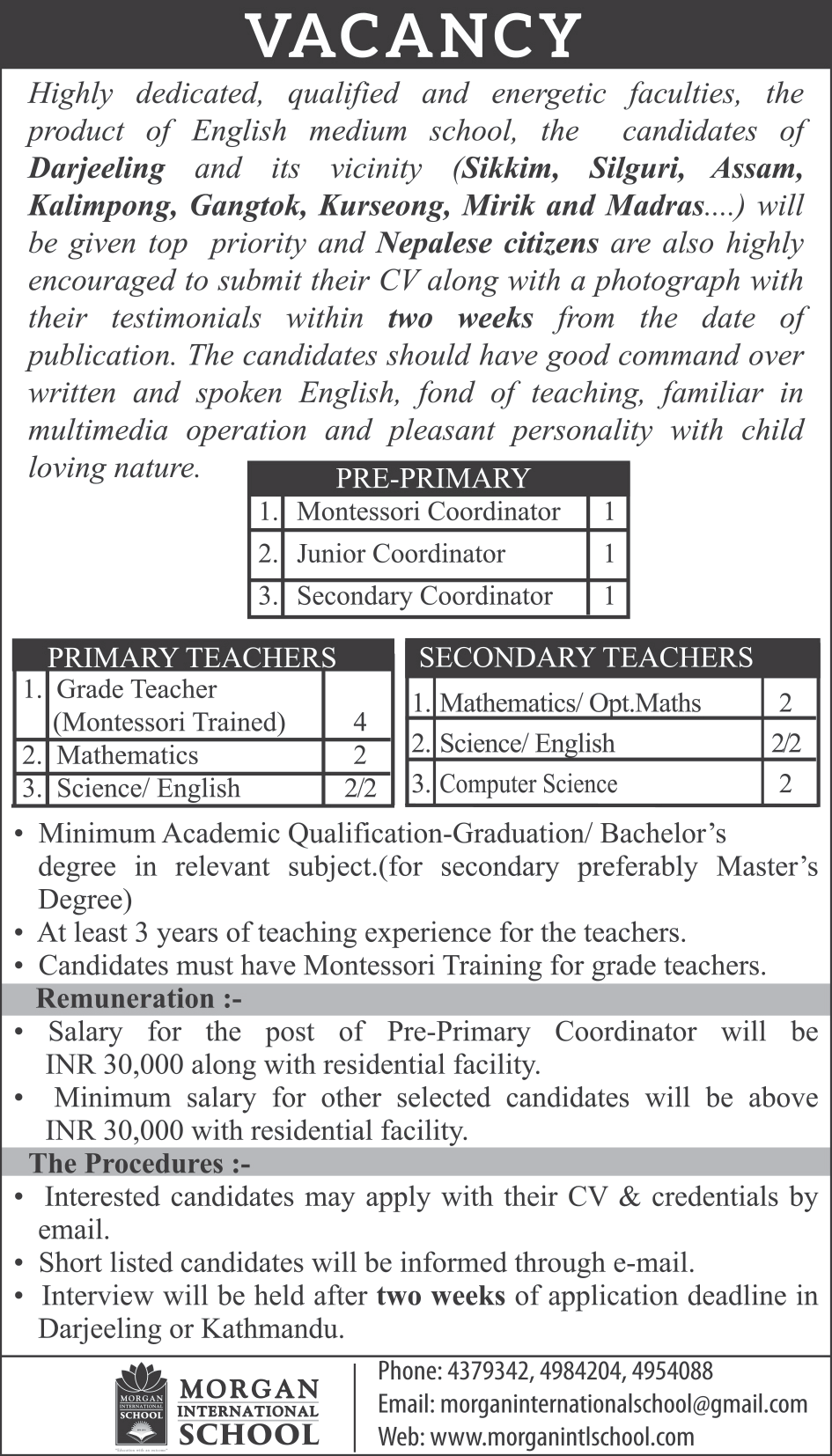 vacancy at Morgan International School